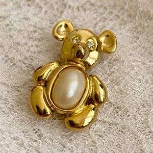 Vintage Faux Pearl Teddy Bear Brooch Gold Tone Pin Rhinestone Retro Jewelry